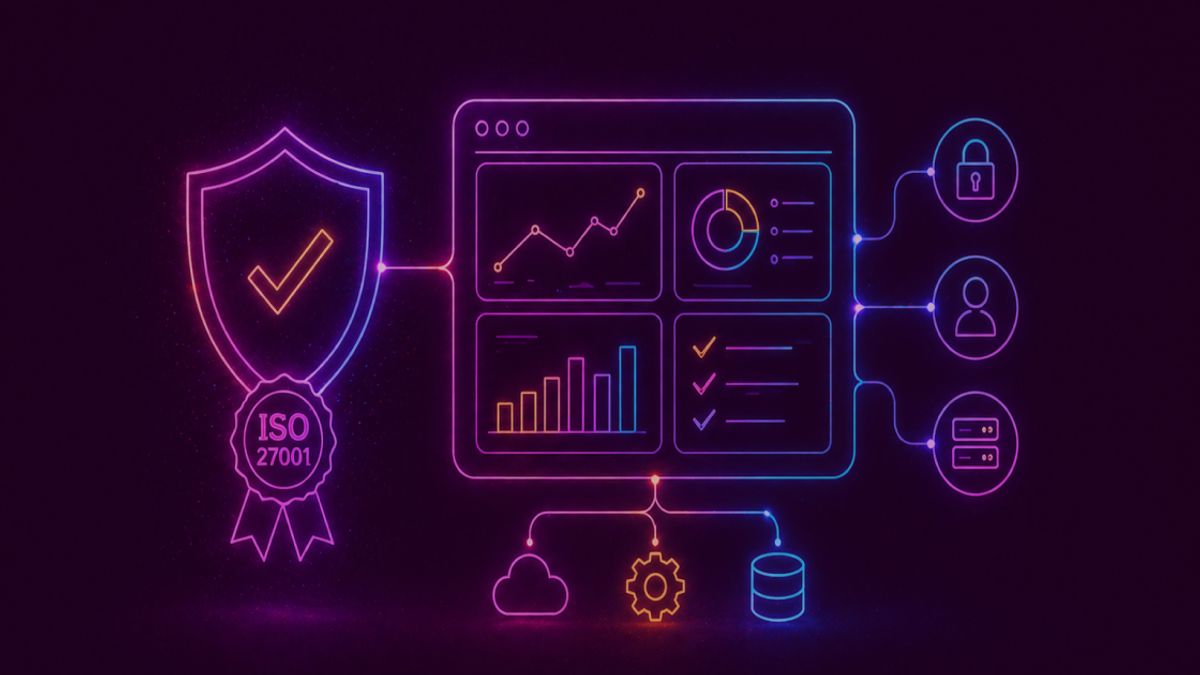 Neon colored image of a secure digital system with a shield badge and checkmark connected to a business dashboard, symbolizing certified information security.