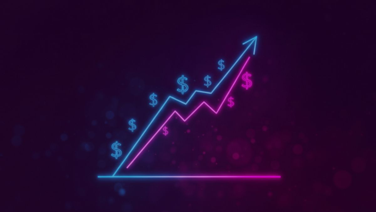 Neon colored image of a rising interest rate graph with money signs.