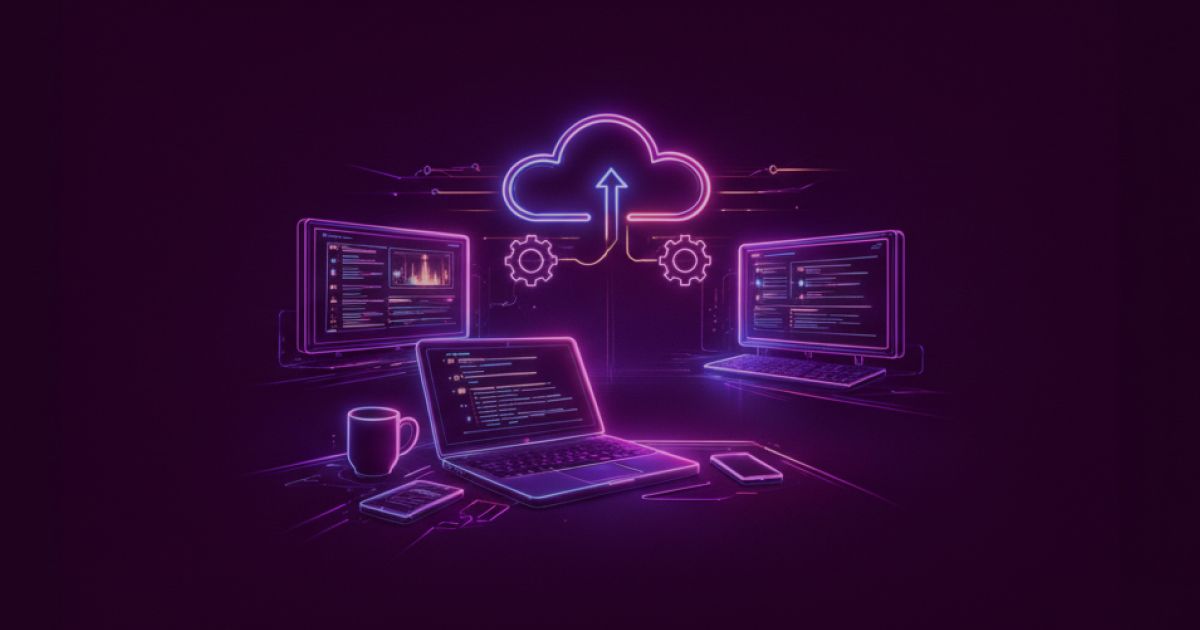 Neon colored image of a software development environment with abstract dashboards, code windows and cloud symbols.