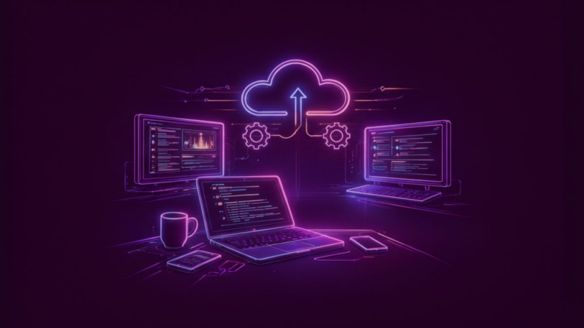 Neon colored image of a software development environment with abstract dashboards, code windows and cloud symbols.