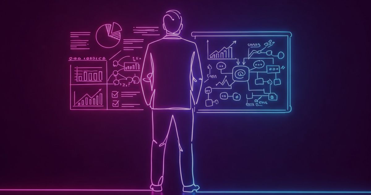 Neon colored image of a CEO standing confidently in front of a business plan and a whiteboard full of ideas. 