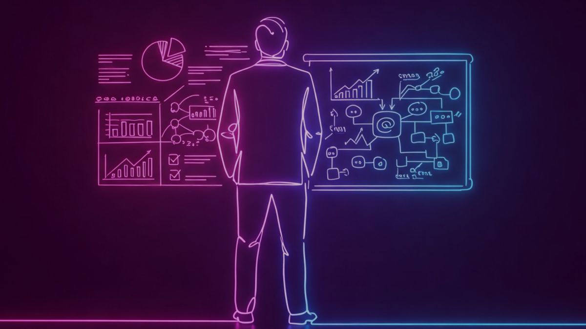 Neon colored image of a CEO standing confidently in front of a business plan and a whiteboard full of ideas. 