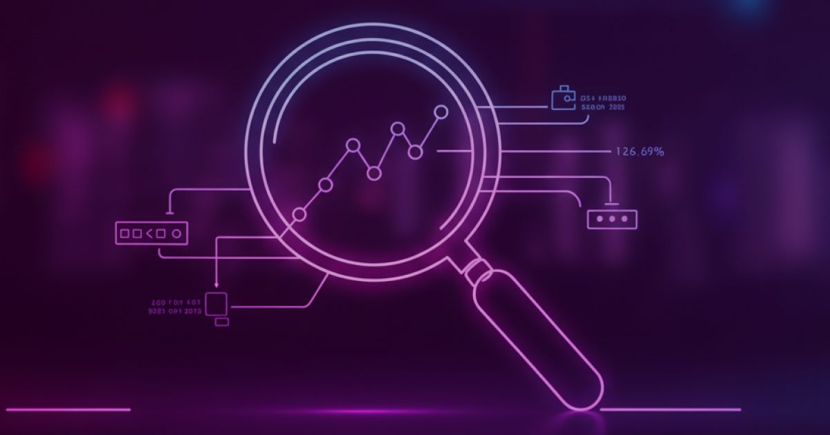 Neon colored image of a magnifying glass focusing on business operations, revealing hidden details and insights. 