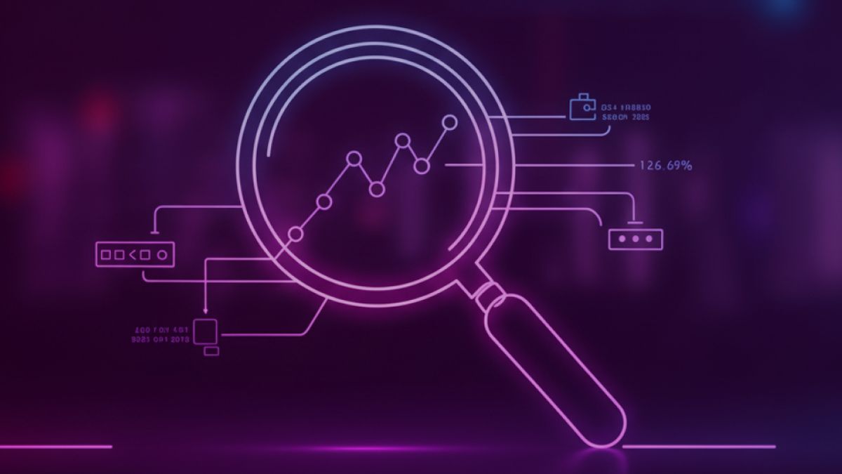 Neon colored image of a magnifying glass focusing on business operations, revealing hidden details and insights. 