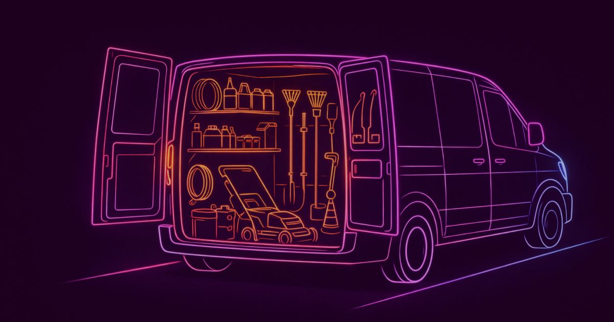 Neon colored image of a van ith rear doors open. Inside the van, neatly arranged real-world maintenance and landscaping equipment: lawn mower, shovel, rake, trimmer, hose, toolboxes and canisters on simple shelves.