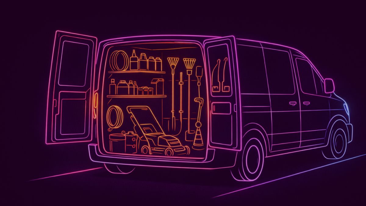 Neon colored image of a van ith rear doors open. Inside the van, neatly arranged real-world maintenance and landscaping equipment: lawn mower, shovel, rake, trimmer, hose, toolboxes and canisters on simple shelves.