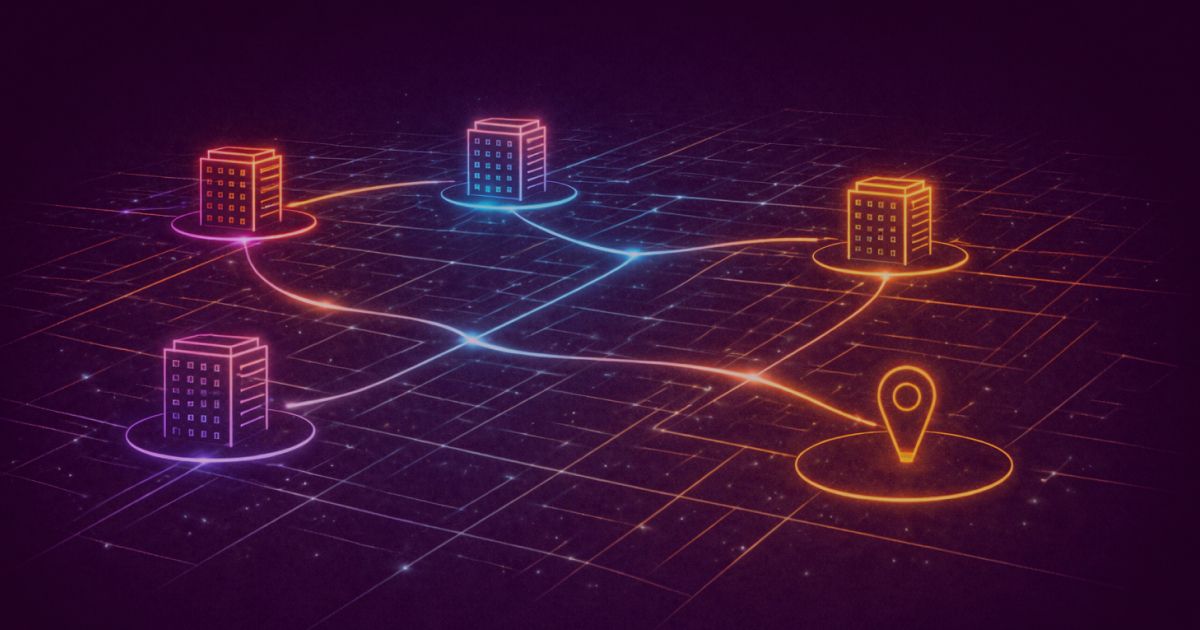 Neon colored image of of several connected office buildings across a map grid with flowing connection lines, one highlighted empty location suggesting a missing branch.