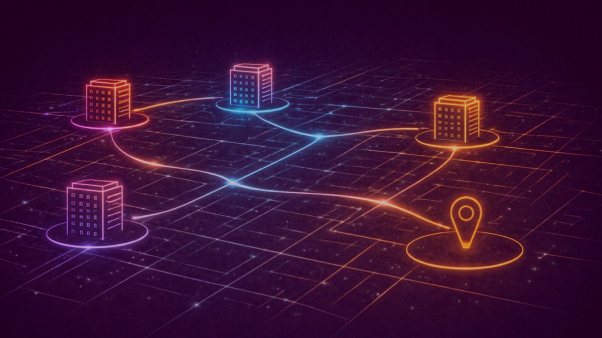 Neon colored image of of several connected office buildings across a map grid with flowing connection lines, one highlighted empty location suggesting a missing branch.