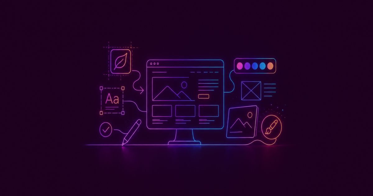 Neon colored image of a website redesign process with modern UI layouts, updated branding elements and glowing design tools floating around the interface.