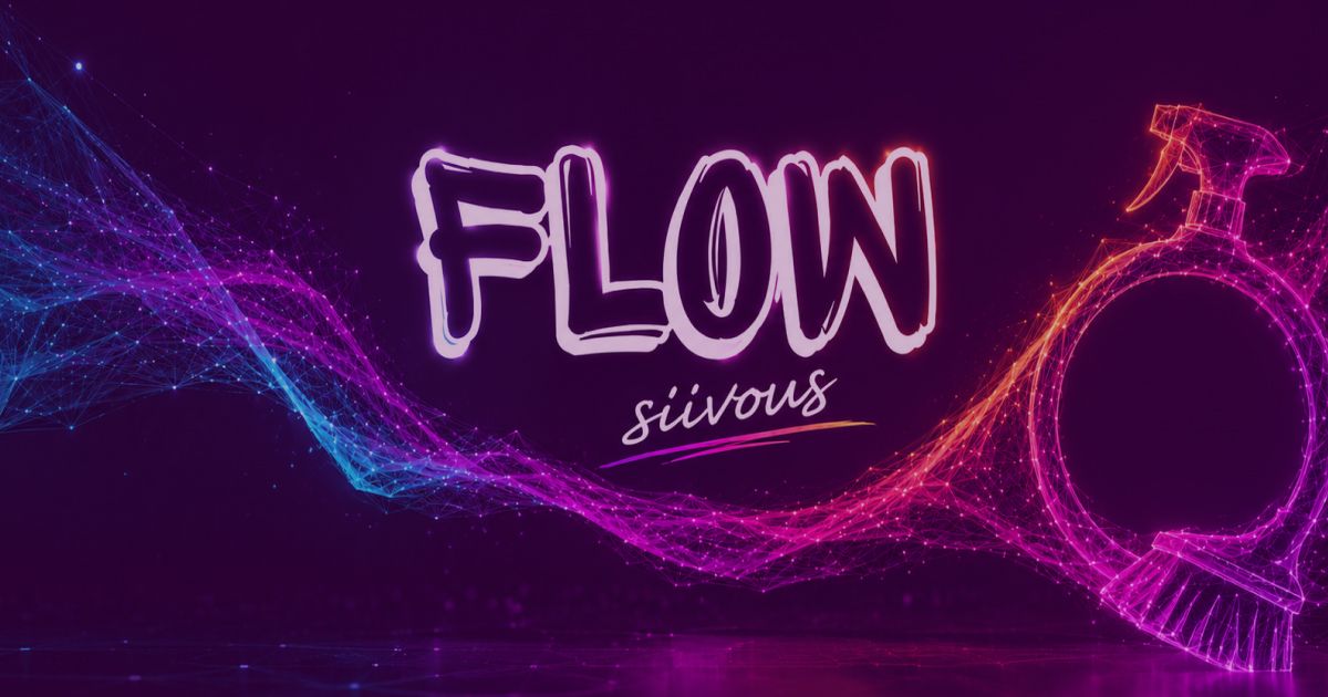 Neon-style image of glowing network lines, a dark tech-inspired background, and a circular cleaning-themed wireframe symbol representing automation and seamless cleaning processes.