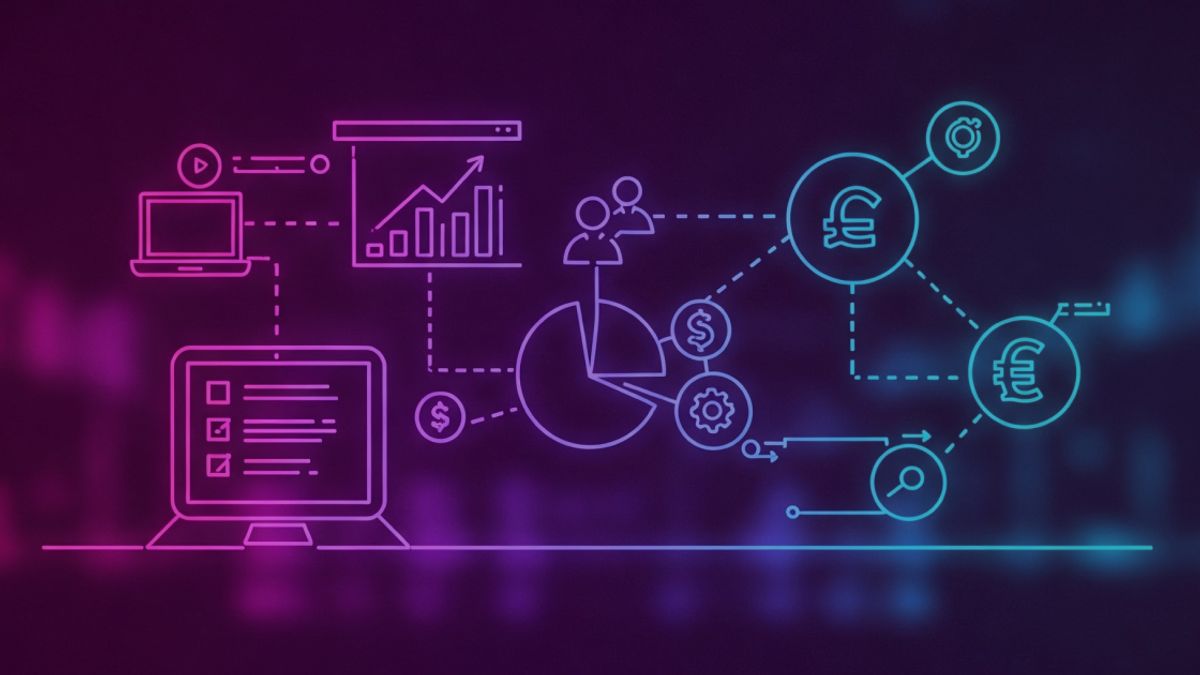 Neon colored image of financial analysis and external service providers, abstract financial symbols with technology and support icons. 