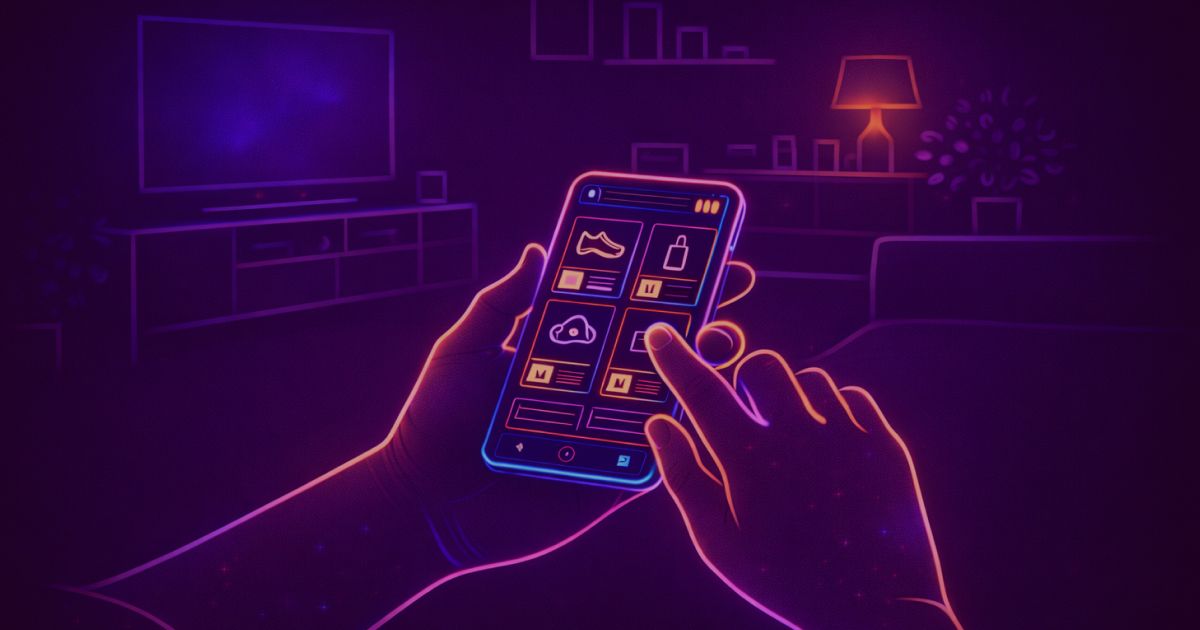 Neon colored image of hands holding a smartphone as the main focus. The phone displays a minimal e-commerce interface with multiple product cards arranged in a grid. 