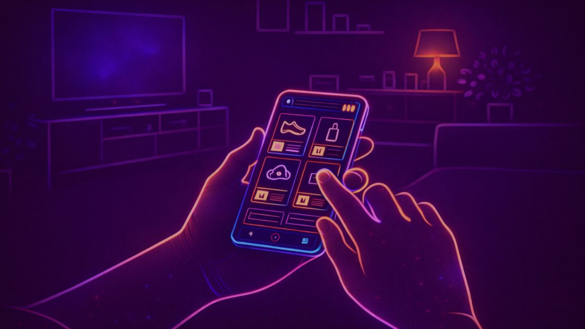 Neon colored image of hands holding a smartphone as the main focus. The phone displays a minimal e-commerce interface with multiple product cards arranged in a grid. 