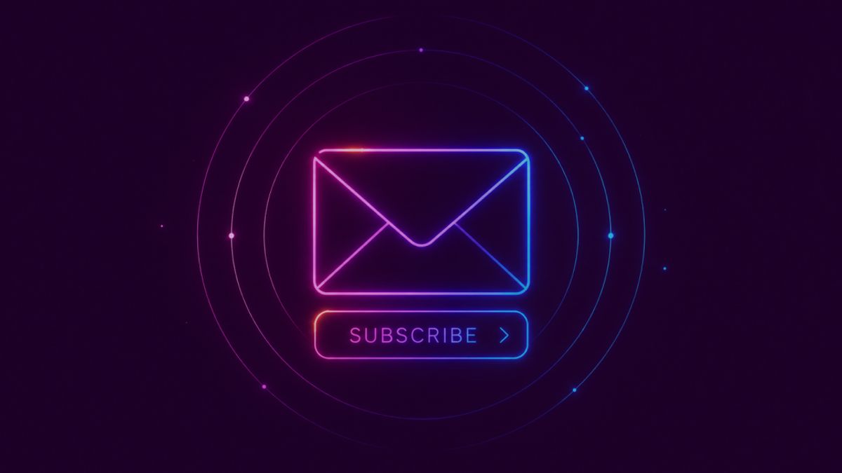 Neon colored image of a glowing envelope icon with a small subscribe button below it, thin pulse rings radiating outward.
