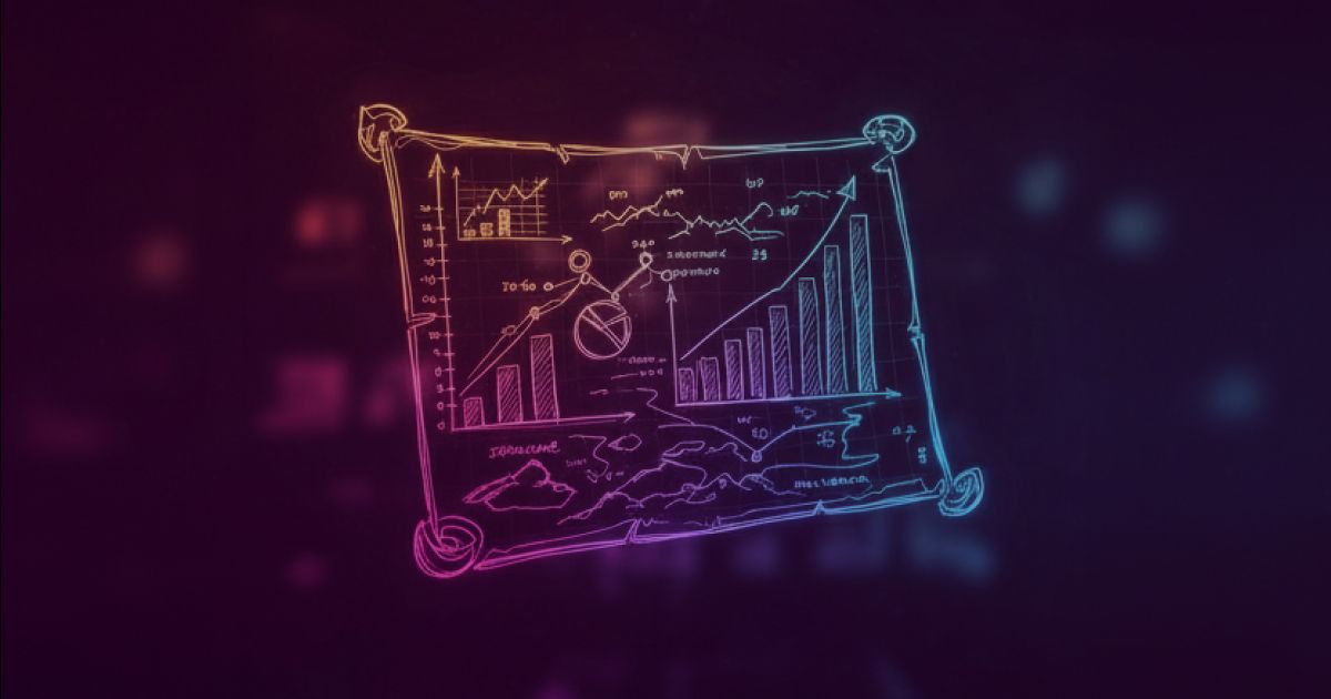 Neon colored image of a treasure map that has the contents of financial report.