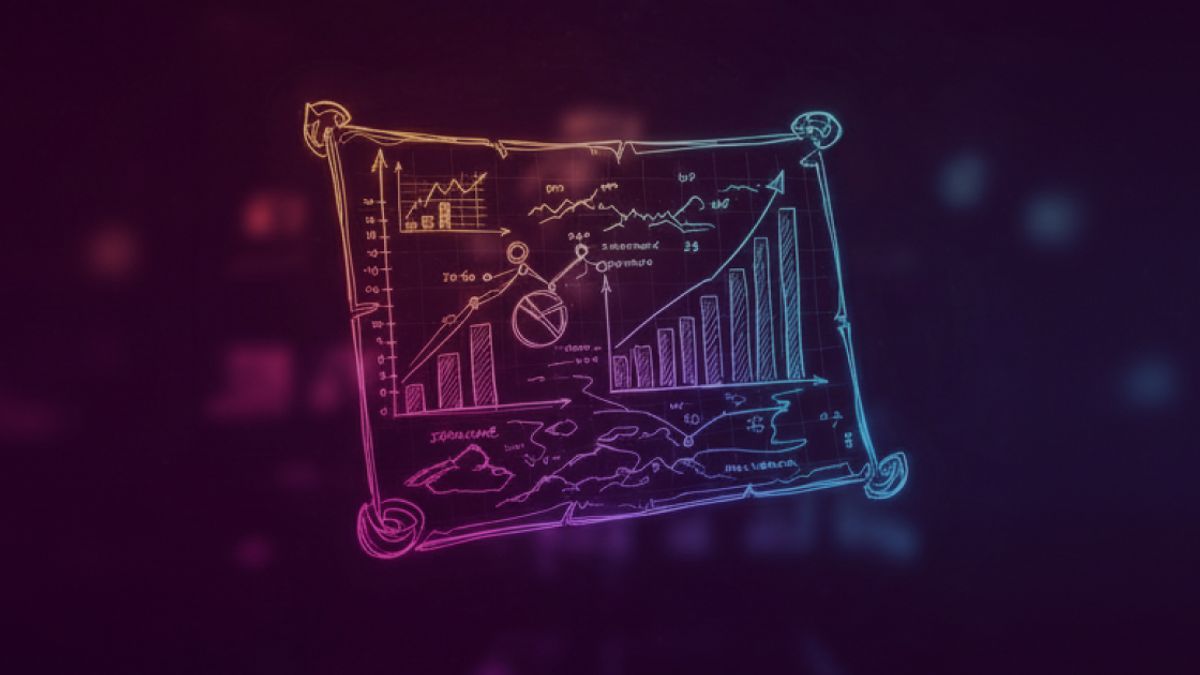 Neon colored image of a treasure map that has the contents of financial report.