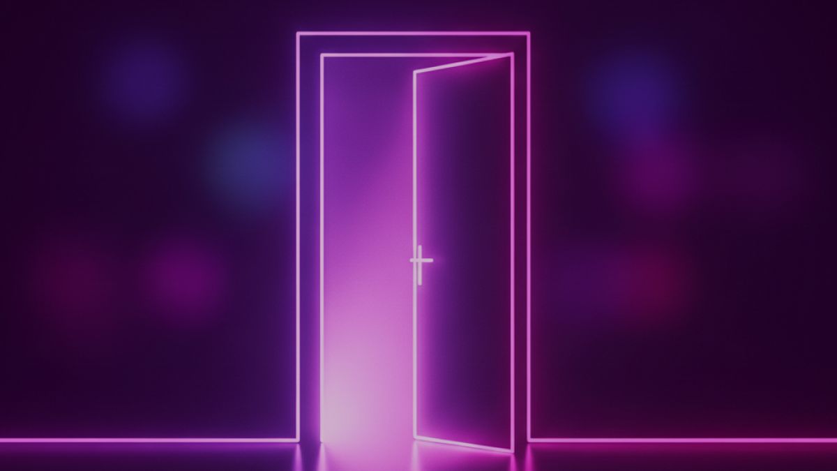 Neon colored image of a large open door with bright light shining through, symbolizing new opportunities and a fresh chapter for the company.