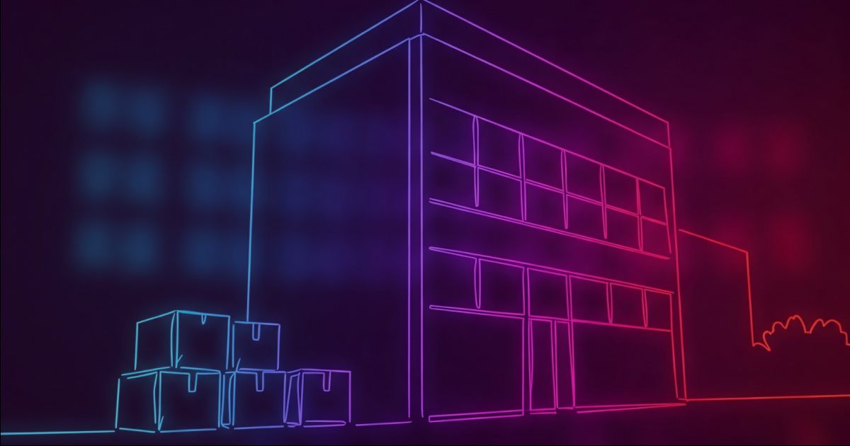 Neon colored image of moving boxes next to a new office building. 