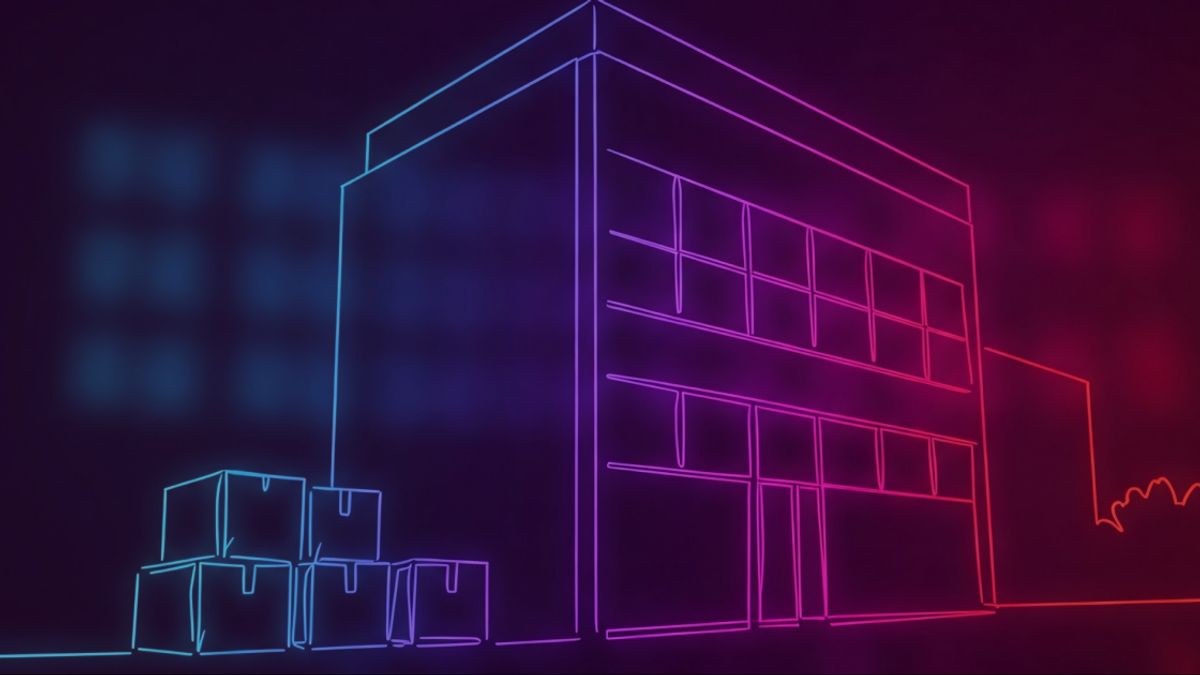 Neon colored image of moving boxes next to a new office building. 