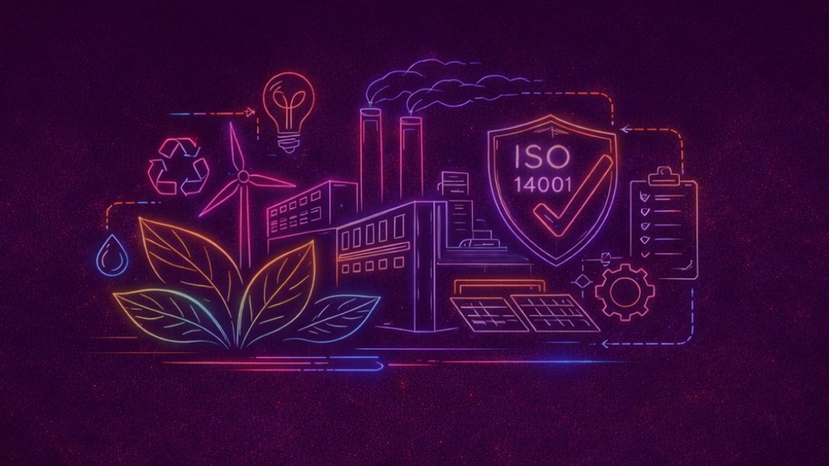 Neon colored image of an industrial facility with environmental symbols, leaves, checkmarks and process icons.