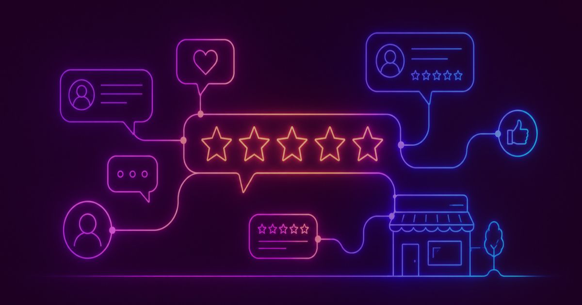 Neon colored image of a glowing customer review stars connected  to speech bubbles and business icons through flowing digital lines.