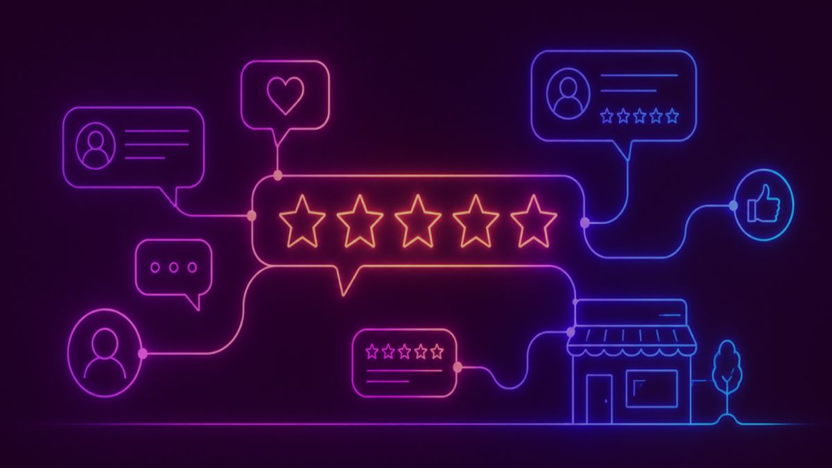 Neon colored image of a glowing customer review stars connected  to speech bubbles and business icons through flowing digital lines.