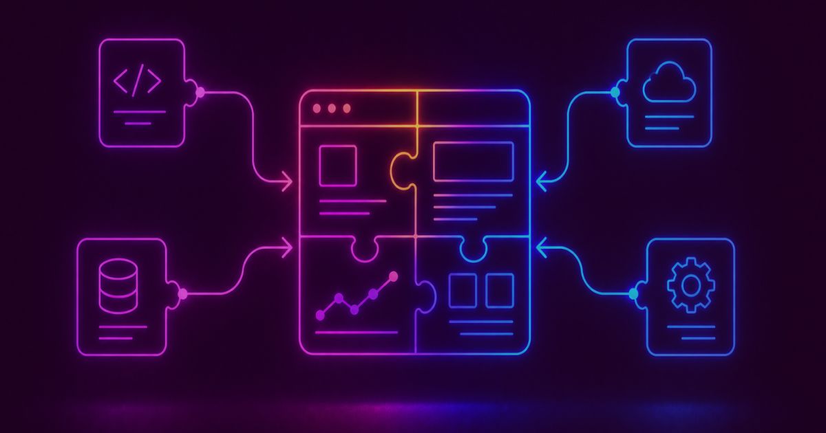 Neon colored image of glowing software modules assembling together like puzzle pieces into a complete digital product.