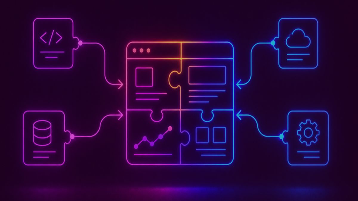 Neon colored image of glowing software modules assembling together like puzzle pieces into a complete digital product.