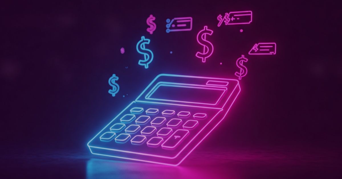 Neon colored image of a calculator glowing on a dark desk, with floating dollar signs and cost breakdowns hovering above it.