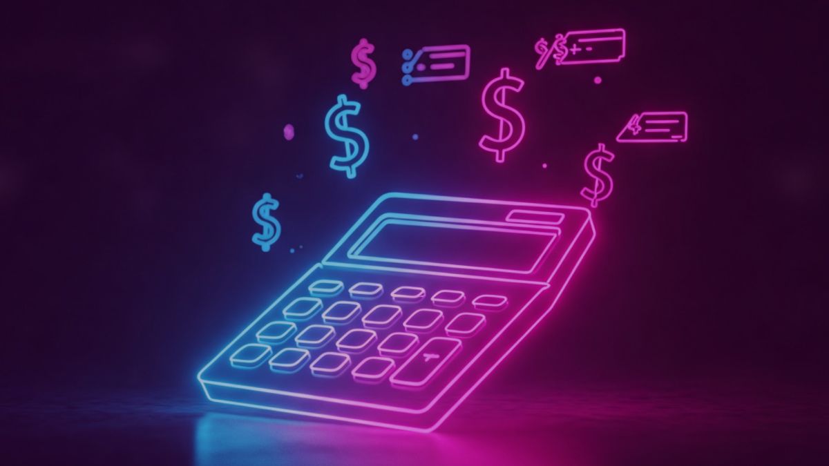 Neon colored image of a calculator glowing on a dark desk, with floating dollar signs and cost breakdowns hovering above it.
