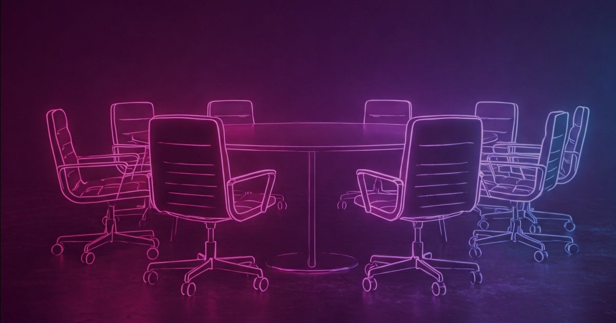 Neon colored image of a office chairs around a large boardroom table.