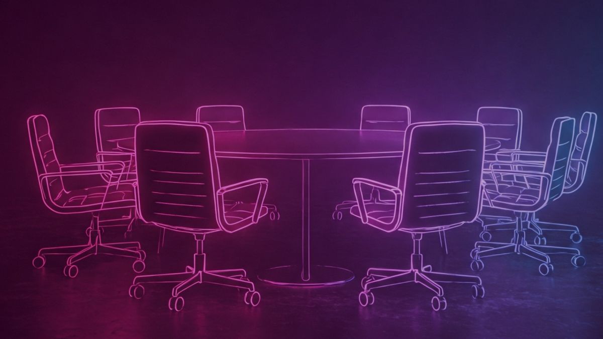 Neon colored image of a office chairs around a large boardroom table.