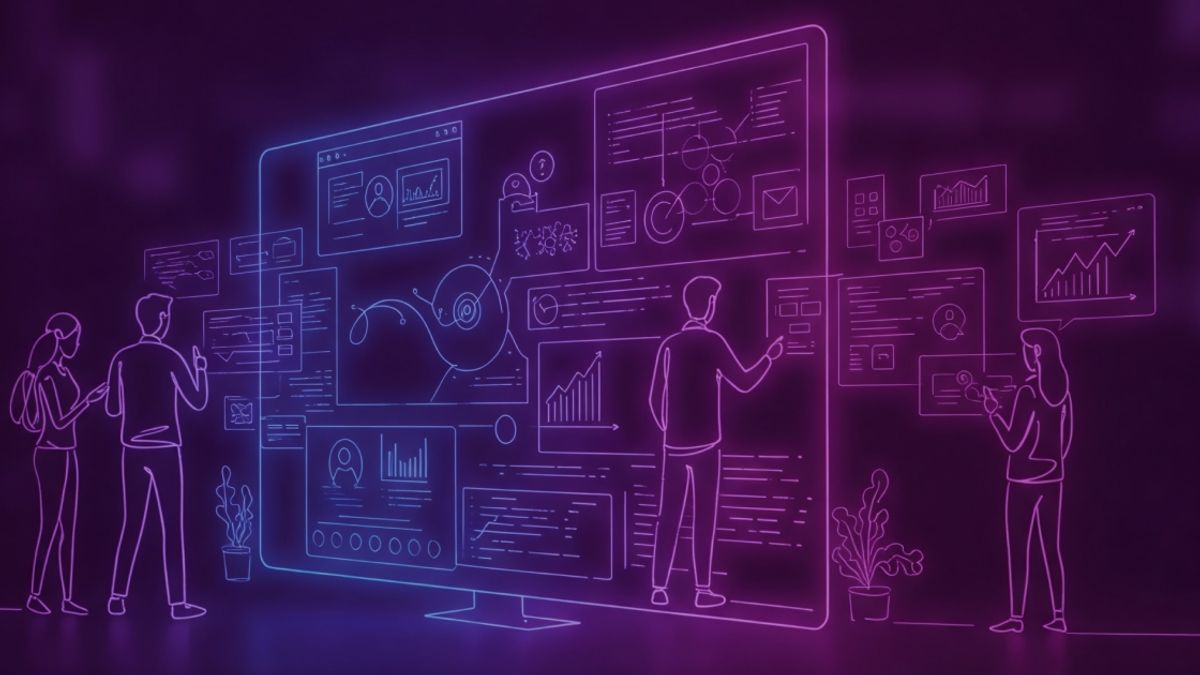 Neon colored image of a SaaS platform demo, business users testing the software on large screens.