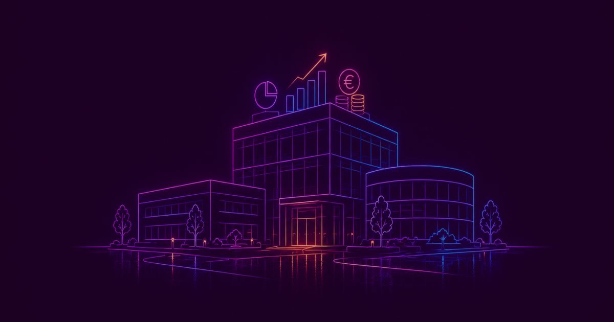 Neon colored image of a modern business campus with subtle financial growth elements, investment icons and premium architectural details.