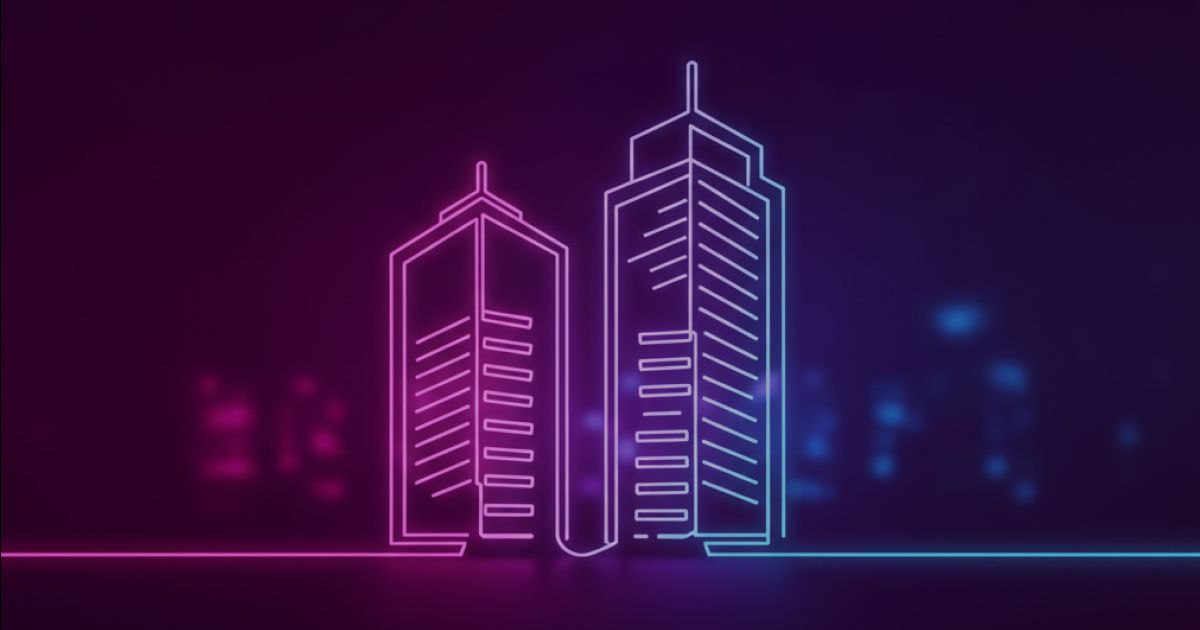 Neon colored image of two office buildings merging together.