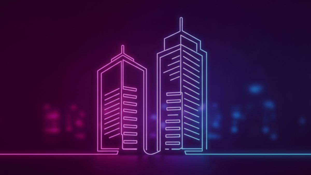 Neon colored image of two office buildings merging together.