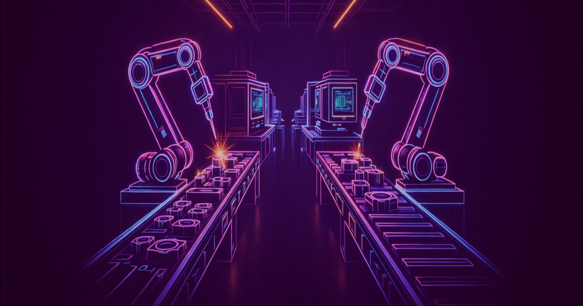 Neon colored image of an industrial factory with metalworking machines, robotic arms and steel components in active production. 