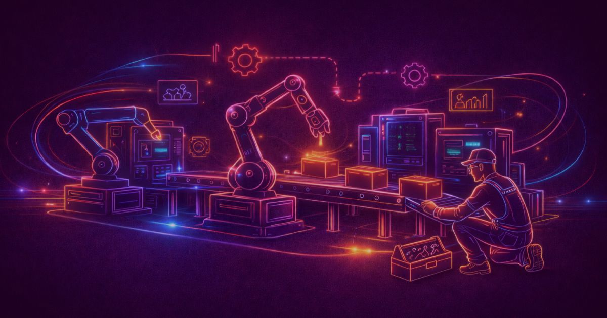 Neon colored image of a maintenance technician kneeling next to the machinery, performing upkeep, with a clearly visible toolbox beside them. Robotic arms, control panels and subtle process icons suggest continuous operation and reliability.