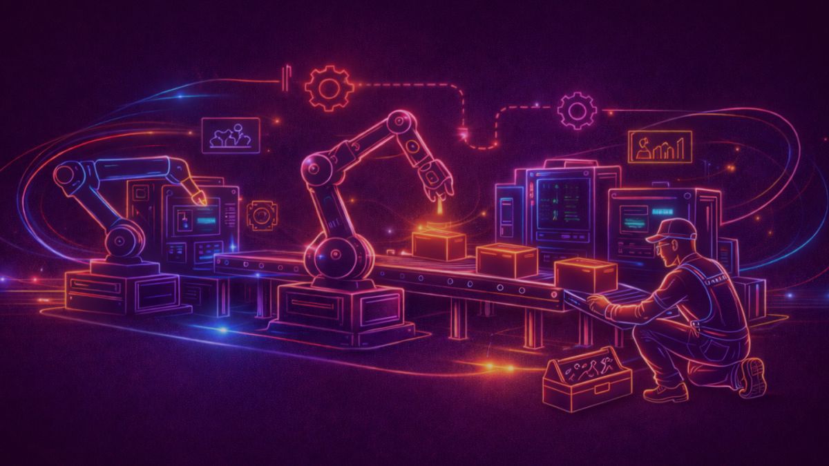 Neon colored image of a maintenance technician kneeling next to the machinery, performing upkeep, with a clearly visible toolbox beside them. Robotic arms, control panels and subtle process icons suggest continuous operation and reliability.