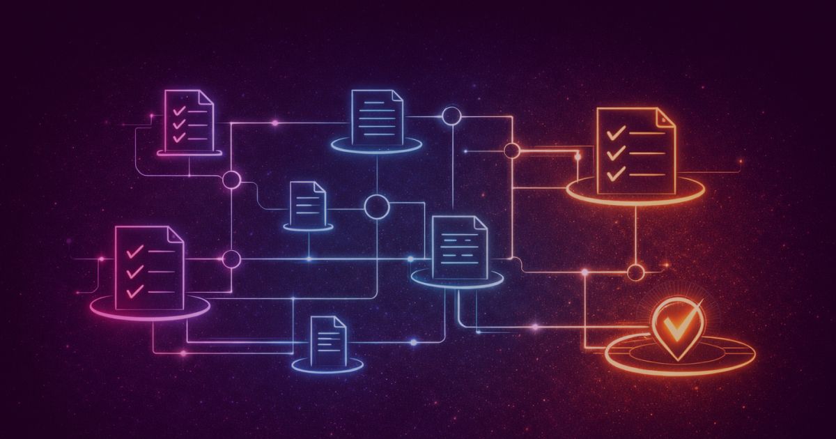 Neon colored image of a structured workflow system with interconnected checklists, documents and process nodes forming a clean, organized network. Subtle checkmark symbols emphasize quality and standardization.