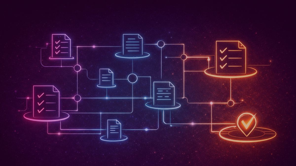 Neon colored image of a structured workflow system with interconnected checklists, documents and process nodes forming a clean, organized network. Subtle checkmark symbols emphasize quality and standardization.