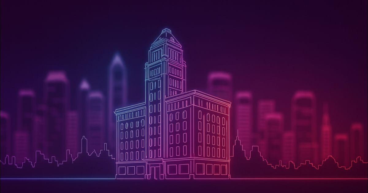 Neon colored image of an old, well-established business building standing strong in a modern blurred cityscape