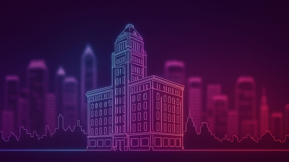 Neon colored image of an old, well-established business building standing strong in a modern blurred cityscape
