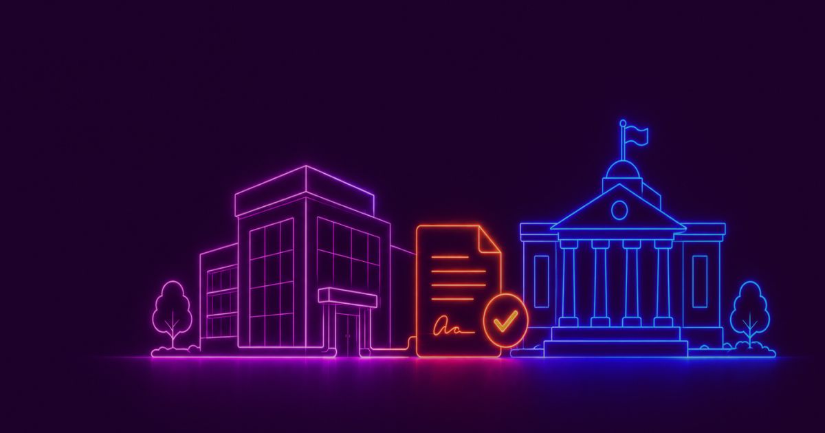 Neon colored image of a modern company standing beside a government-style building with a completed contract and approval checkmark.