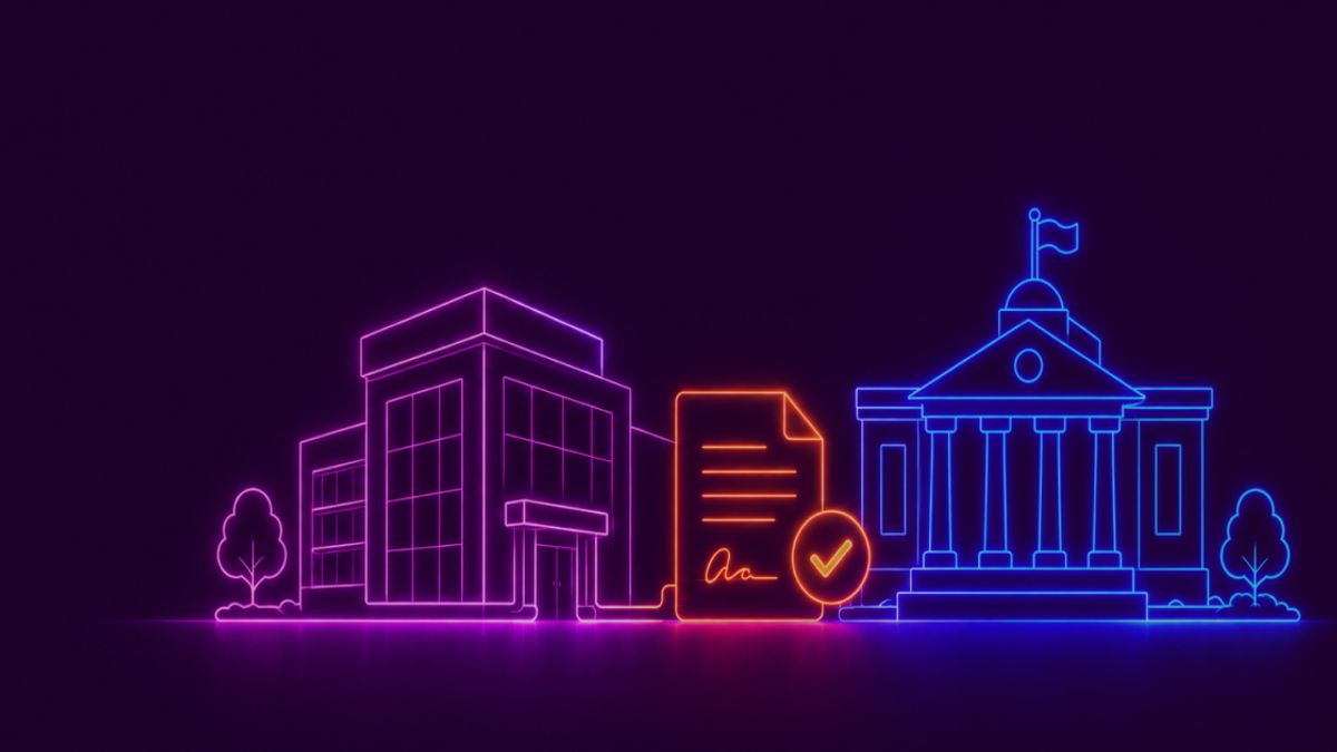Neon colored image of a modern company standing beside a government-style building with a completed contract and approval checkmark.