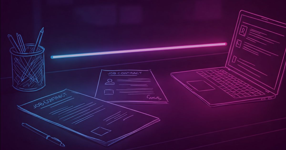 Neon colored image of an office desk with job contracts and a laptop.