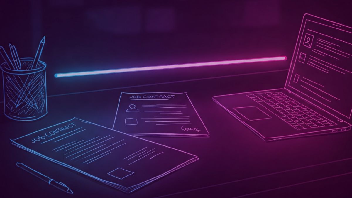 Neon colored image of an office desk with job contracts and a laptop.