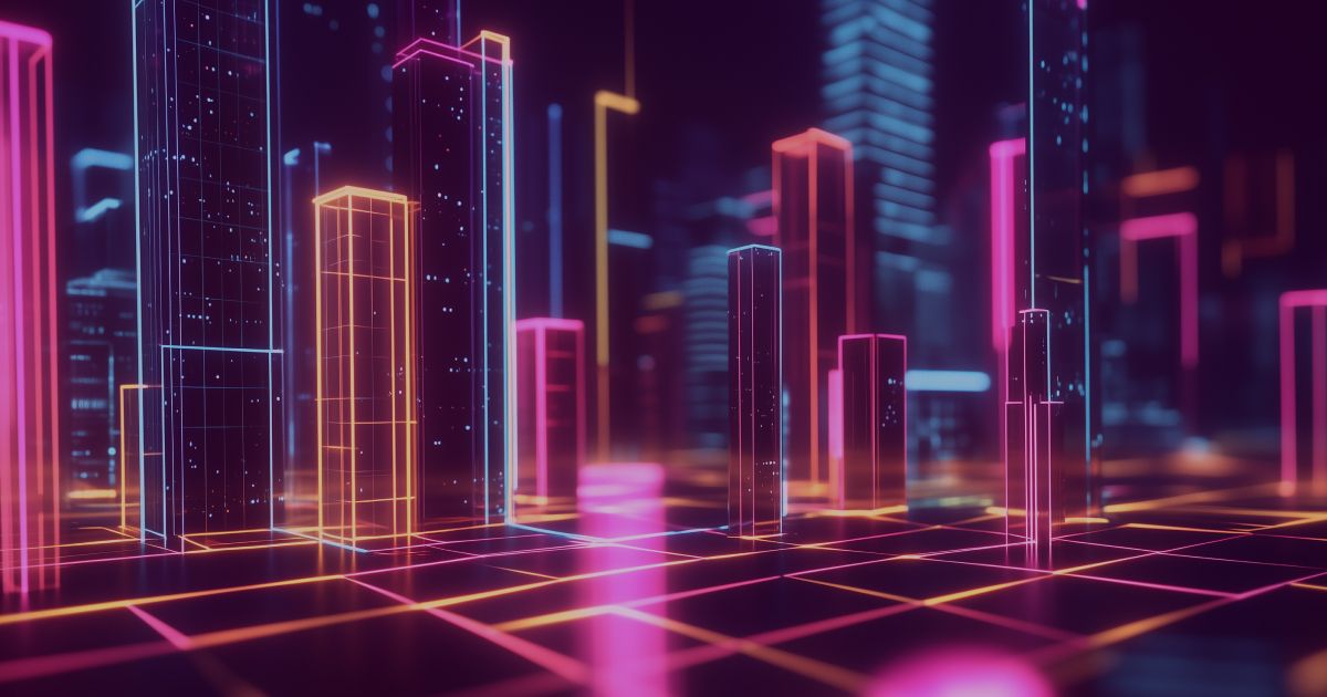 Neon colored image of multiple office buildings connected by glowing paths