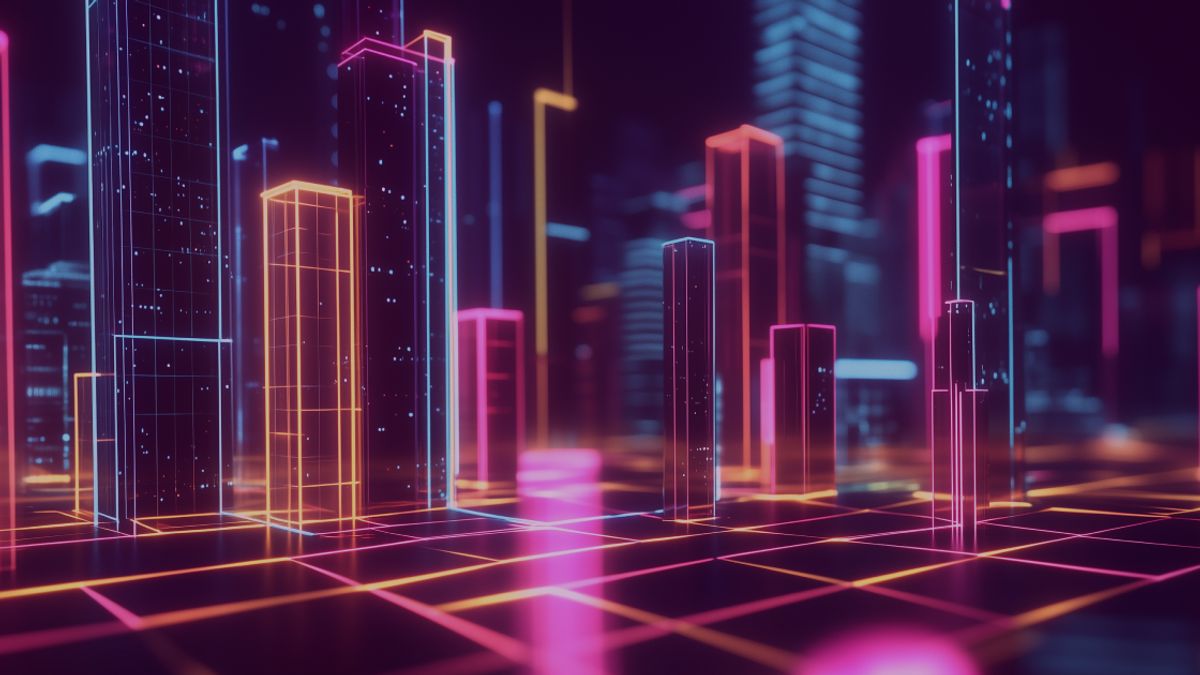 Neon colored image of multiple office buildings connected by glowing paths