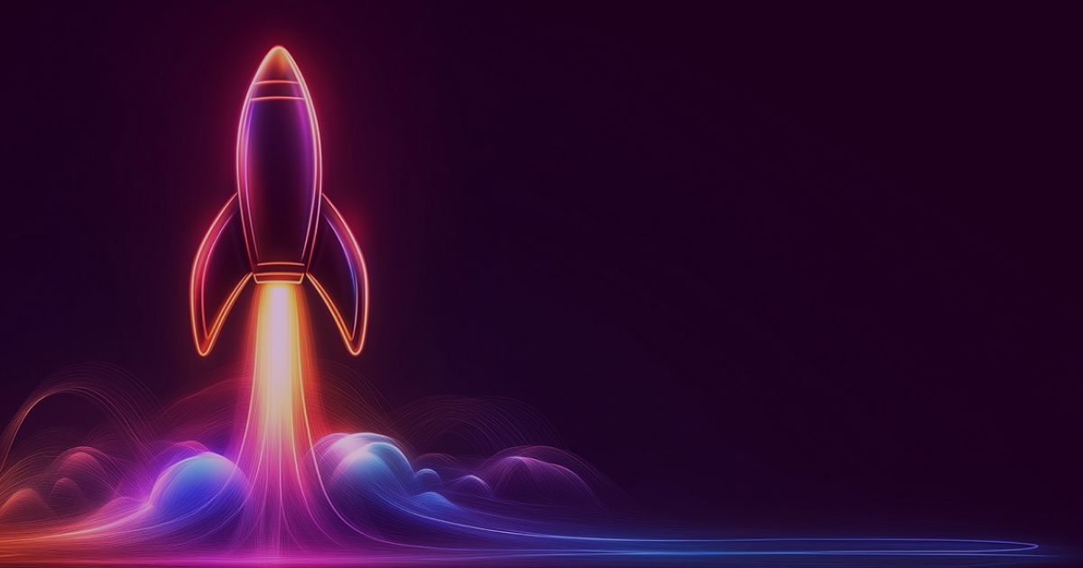 Neon colored image of a rocket lauching upwards